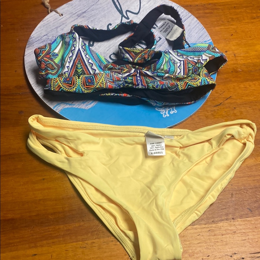 l*space Multicolor Patterned Bikini Top with Yellow Bikini Bottom NWOT